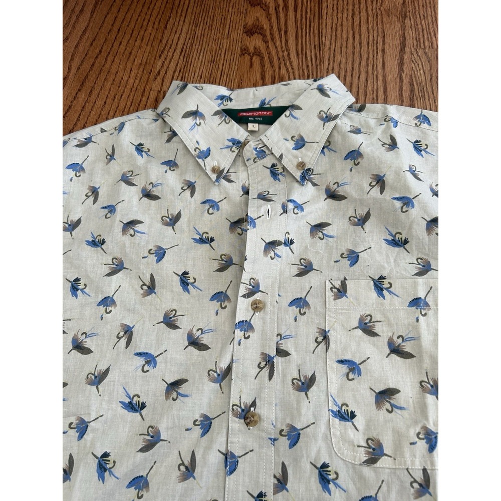 Redington Mens Short Sleeve Button Fishing Shirt L Green Fish Print